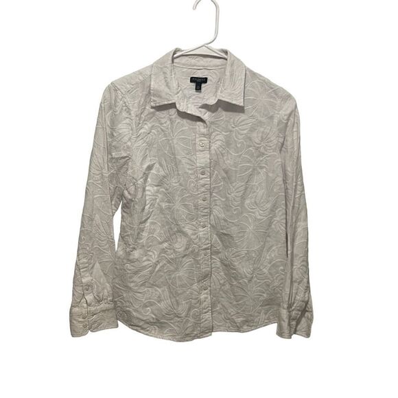 Talbots Embroidered Floral Botanical White Button Front Long Sleeve Blouse Size - Picture 1 of 5